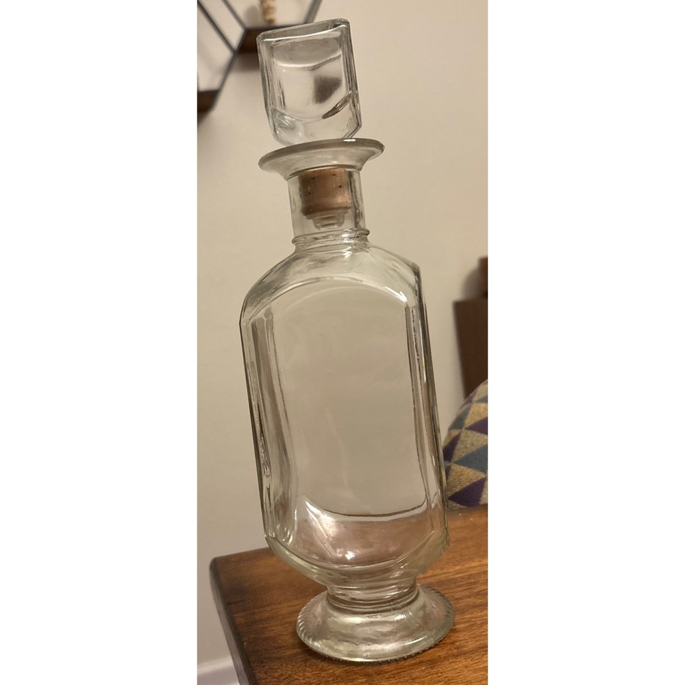 MCM Glass Footed Decanter‎ W/Stopper Clear Square Lines Contemporary Liquor